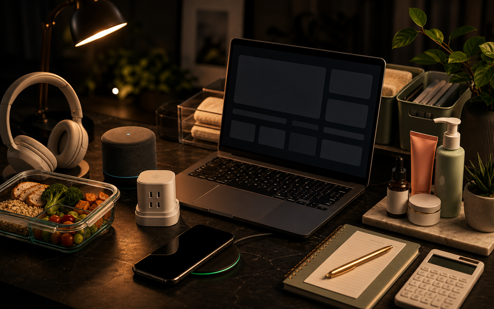 Curated smart living products including tech accessories, skincare, kitchen prep, and planning tools