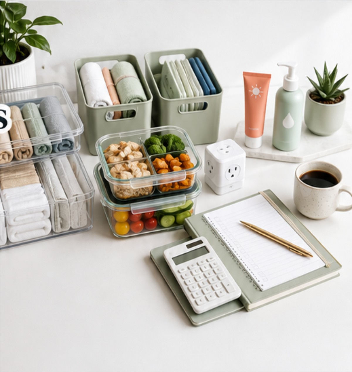 Organized storage, meal prep containers, skincare basics, smart plug, planner, and budget tools